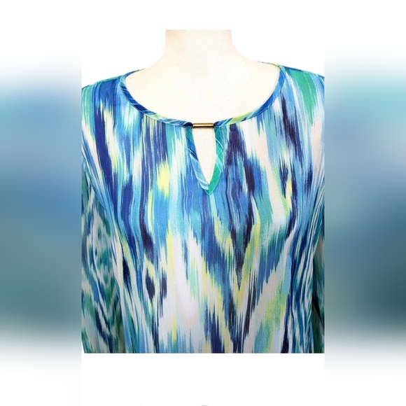 Chicos Womens 3 US XL Sheer Blouse Tunic Blue Tie Dye Stripe Keyhole Long Sleeve - Picture 5 of 7